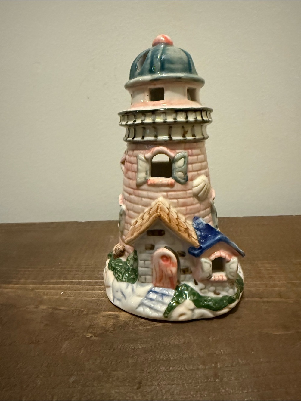 Vintage Ceramic Lighthouse Tea-light Holder Figurine in Pastel Pink and Blue